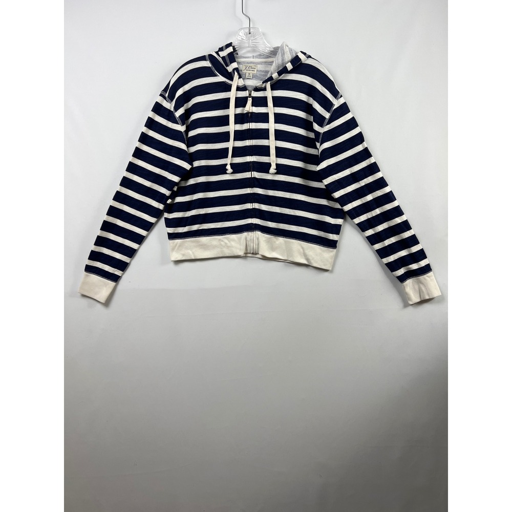 J.Crew Hoodie Women Medium Blue Striped Zip Up Vintage Fleece Terry Knit Cropped